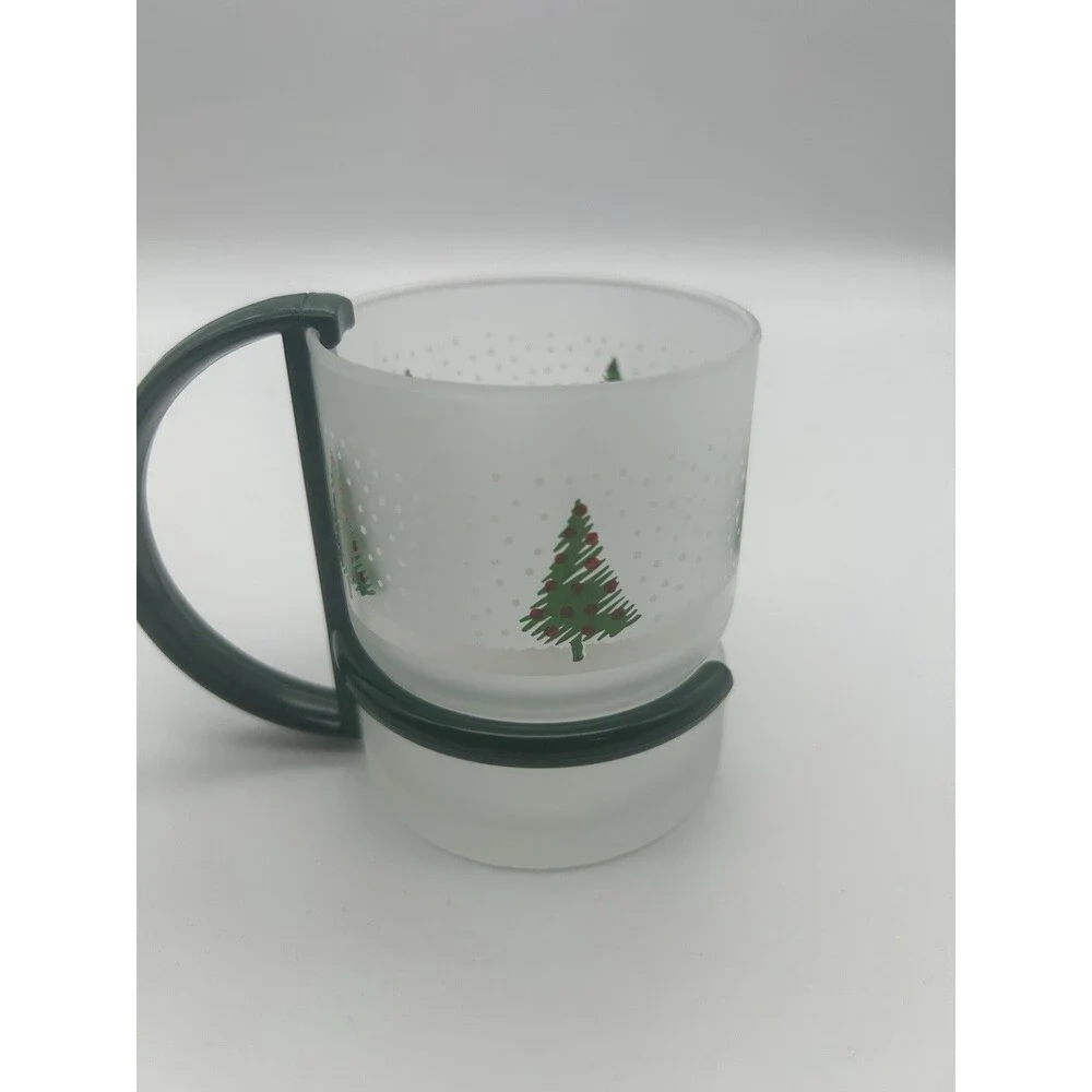 8 Christmas Inspiration Frosted Glass Mugs w/ Removable Handles VTG Set